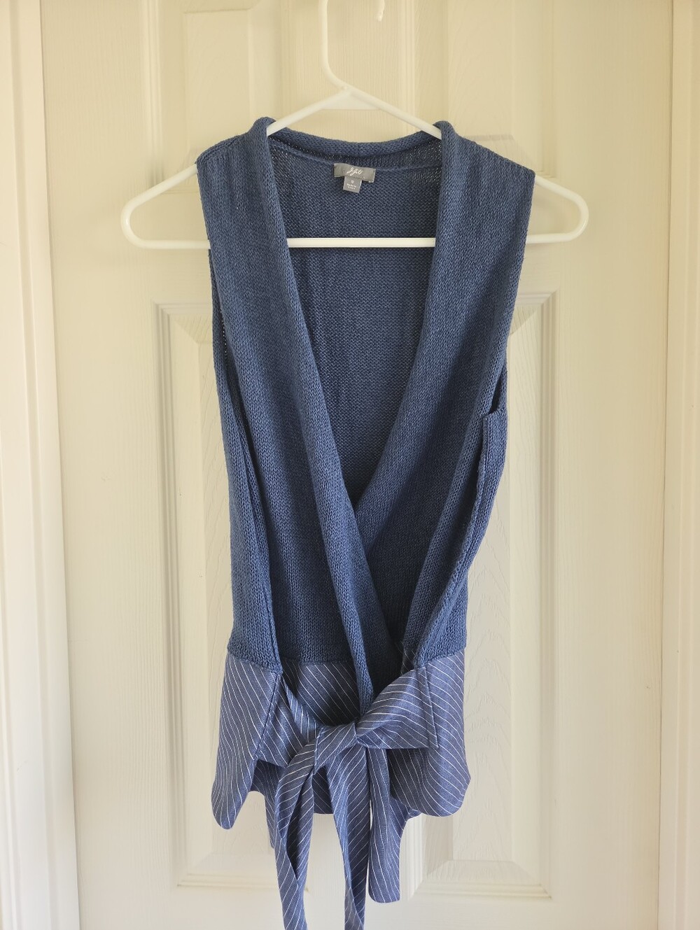 J.Jill Linen Blend Wrap Sweater Vest Small Blue Pinstripe Peplum Tied Waist Open - Picture 1 of 10